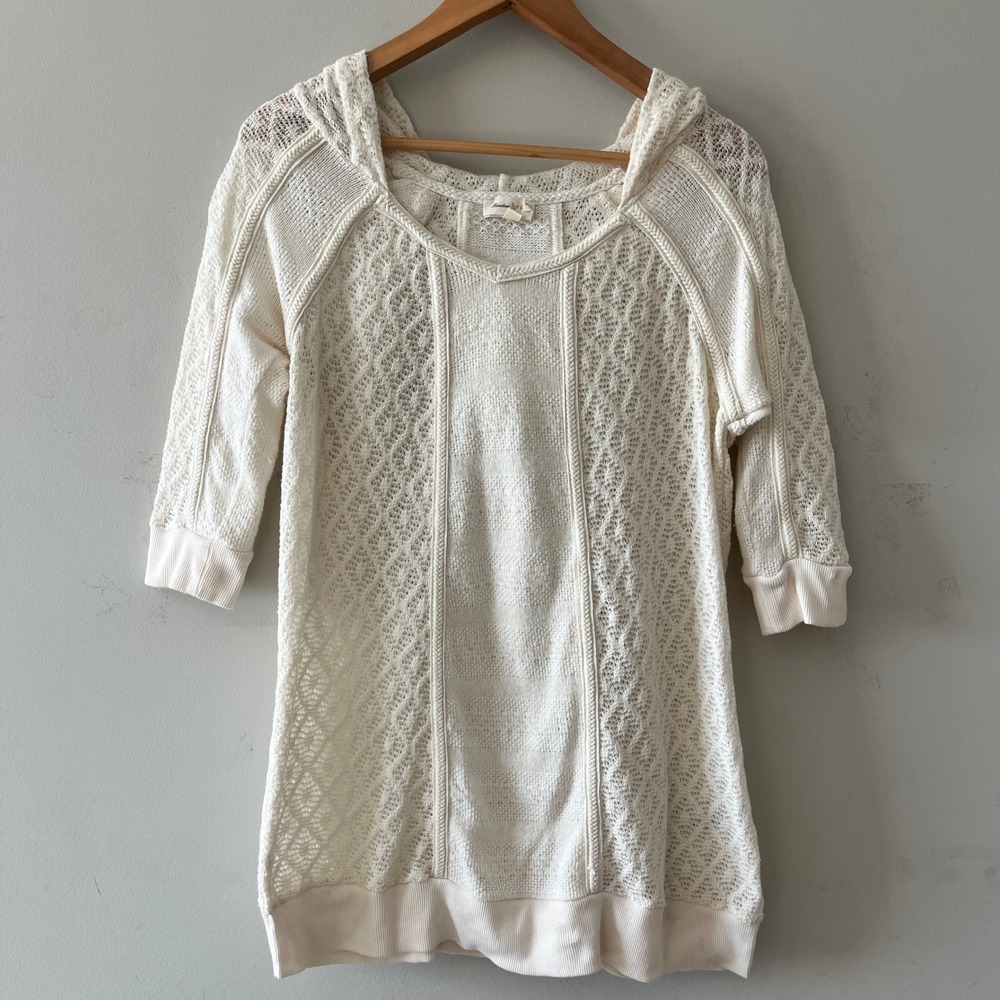 Meadow Rue Anthropologie Crochet Knit Hoodie Sweater Cream Small Boho Braided